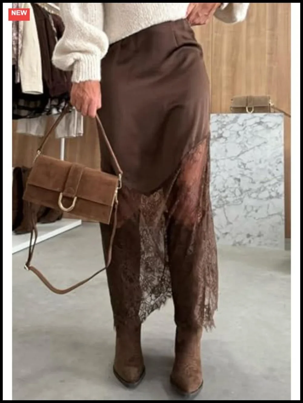 Women's Long Lace Maxi Skirt Satin Silky Elastic Waist Sheer Patchwork A Line